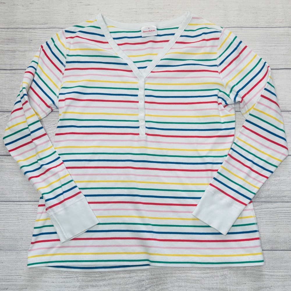 Hanna Andersson Women’s Organic‎ Cotton Rainbow Stripe V-Neck Henley Size XL